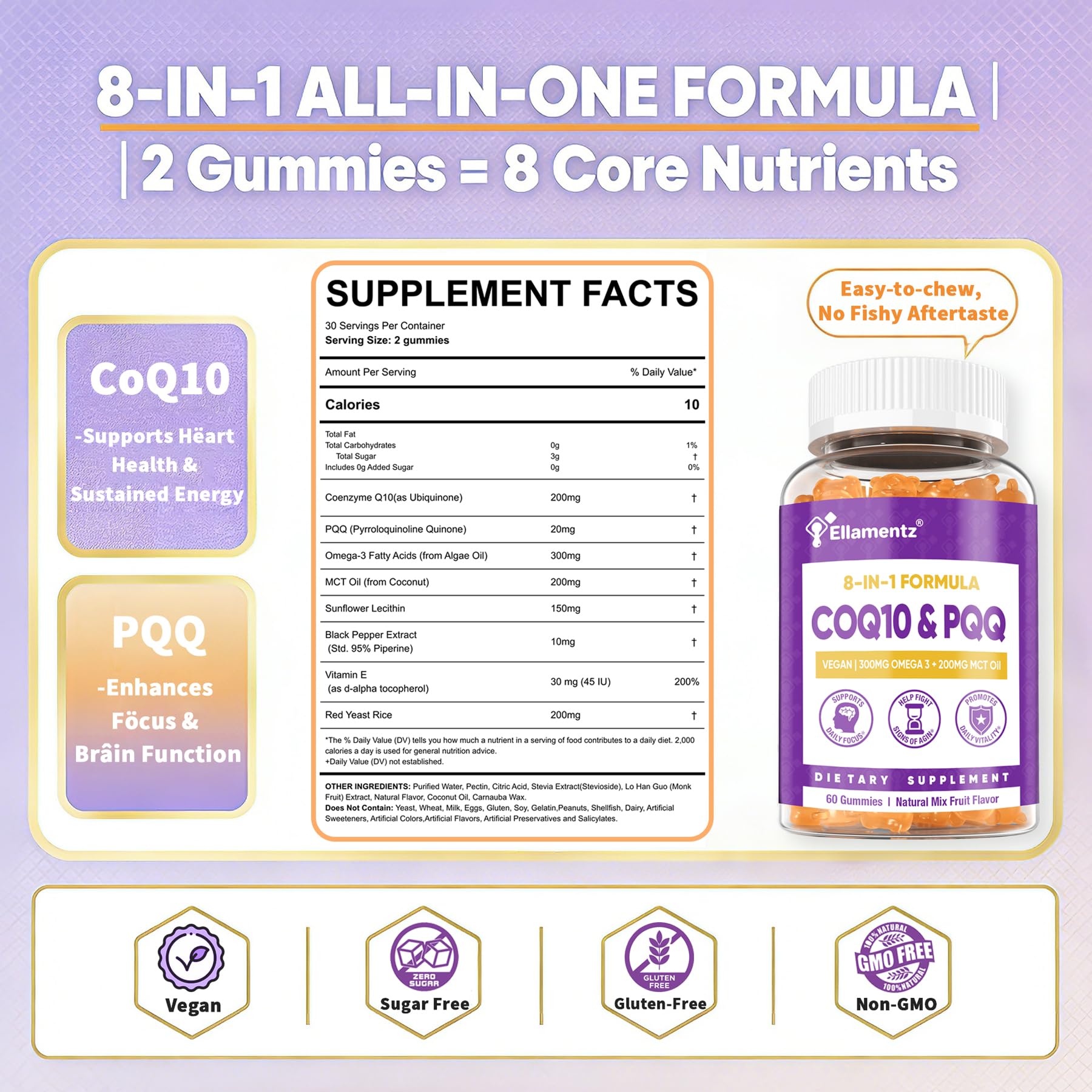 ELLAMENTZ CoQ10 Gummies bottle closeup showing texture and sugar-free formula.