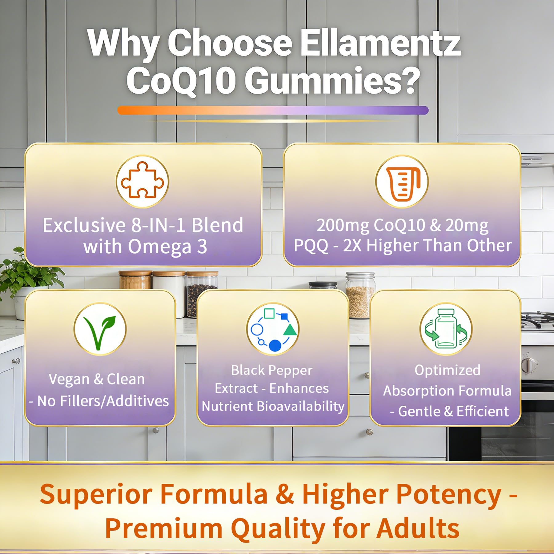 ELLAMENTZ CoQ10 Gummies label view with vegan and sugar-free cues.