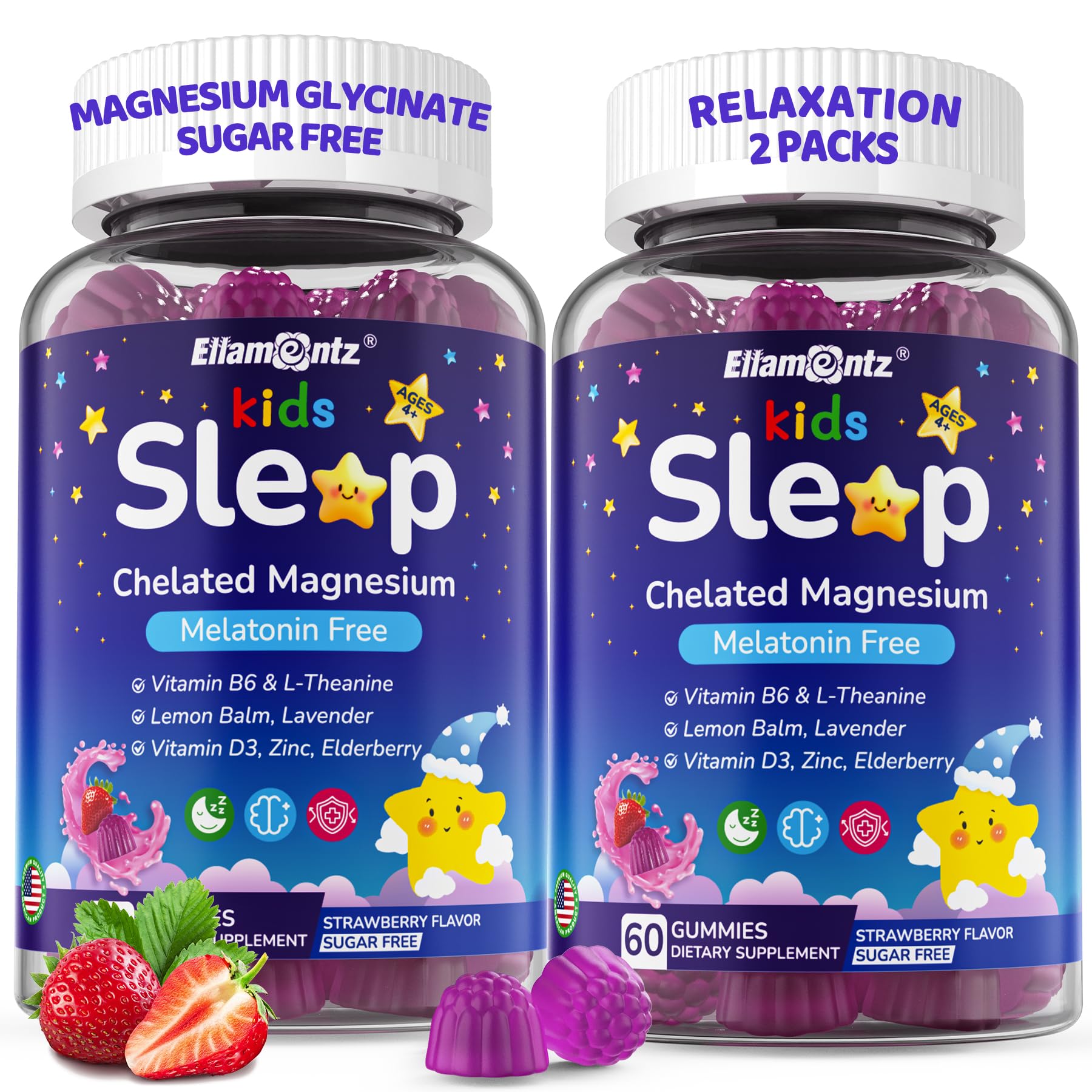 ELLAMENTZ Kids Sleep Gummies bottle front promotes a calm bedtime routine