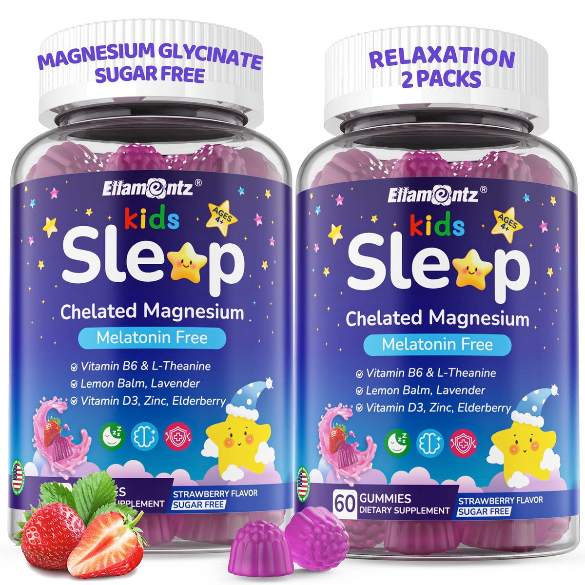 ELLAMENTZ Kids Sleep Gummies bottle front promotes a calm bedtime routine