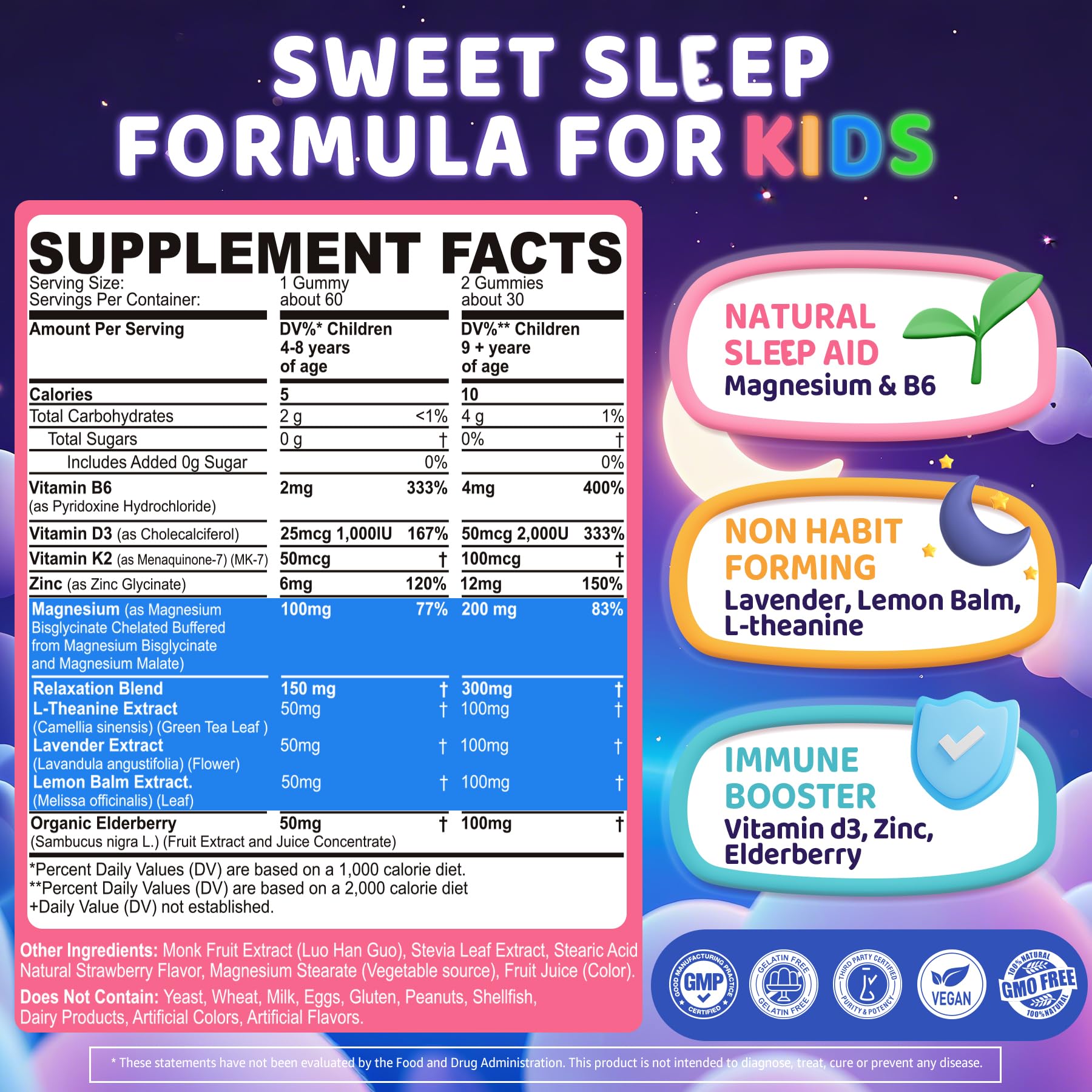 ELLAMENTZ Kids Sleep Gummies bottle label highlights key relaxation ingredients