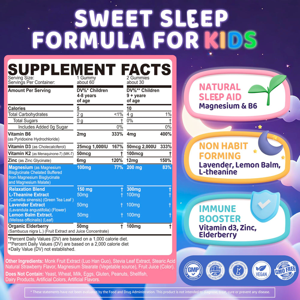 ELLAMENTZ Kids Sleep Gummies bottle label highlights key relaxation ingredients