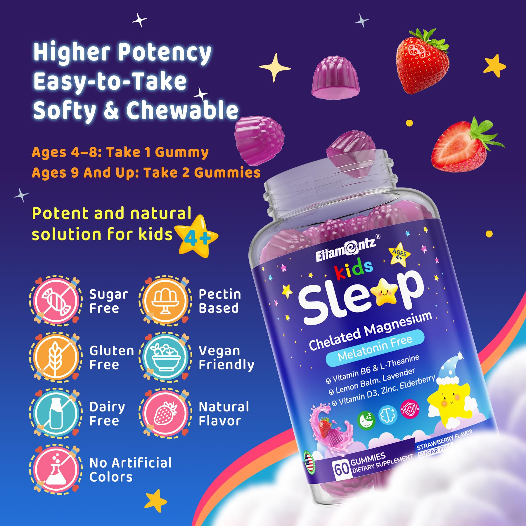 ELLAMENTZ Kids Sleep Gummies bottle cap image hints user-friendly packaging