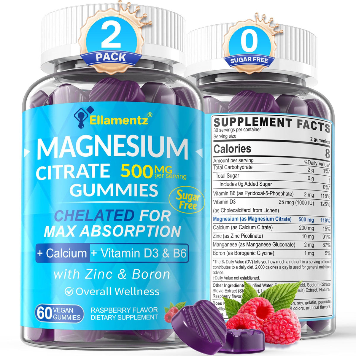 ELLAMENTZ magnesium citrate gummies bottle with raspberry flavor for mood and digestion support