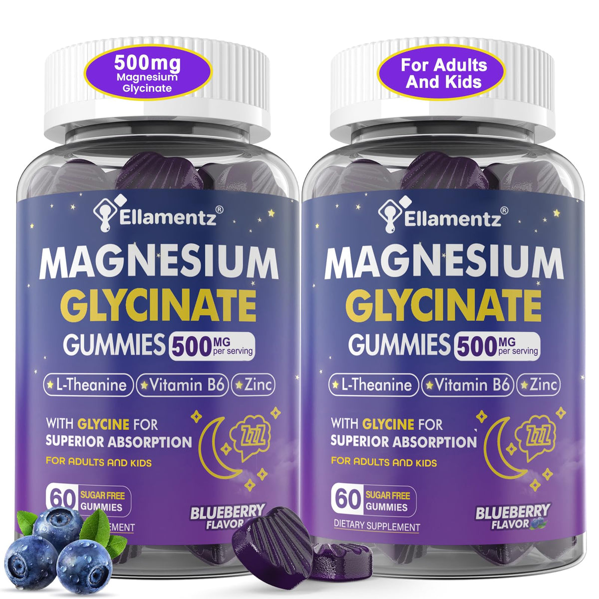 Ellamentz Magnesium Glycinate Gummies bottle with blueberries, supporting calm and natural sleep.