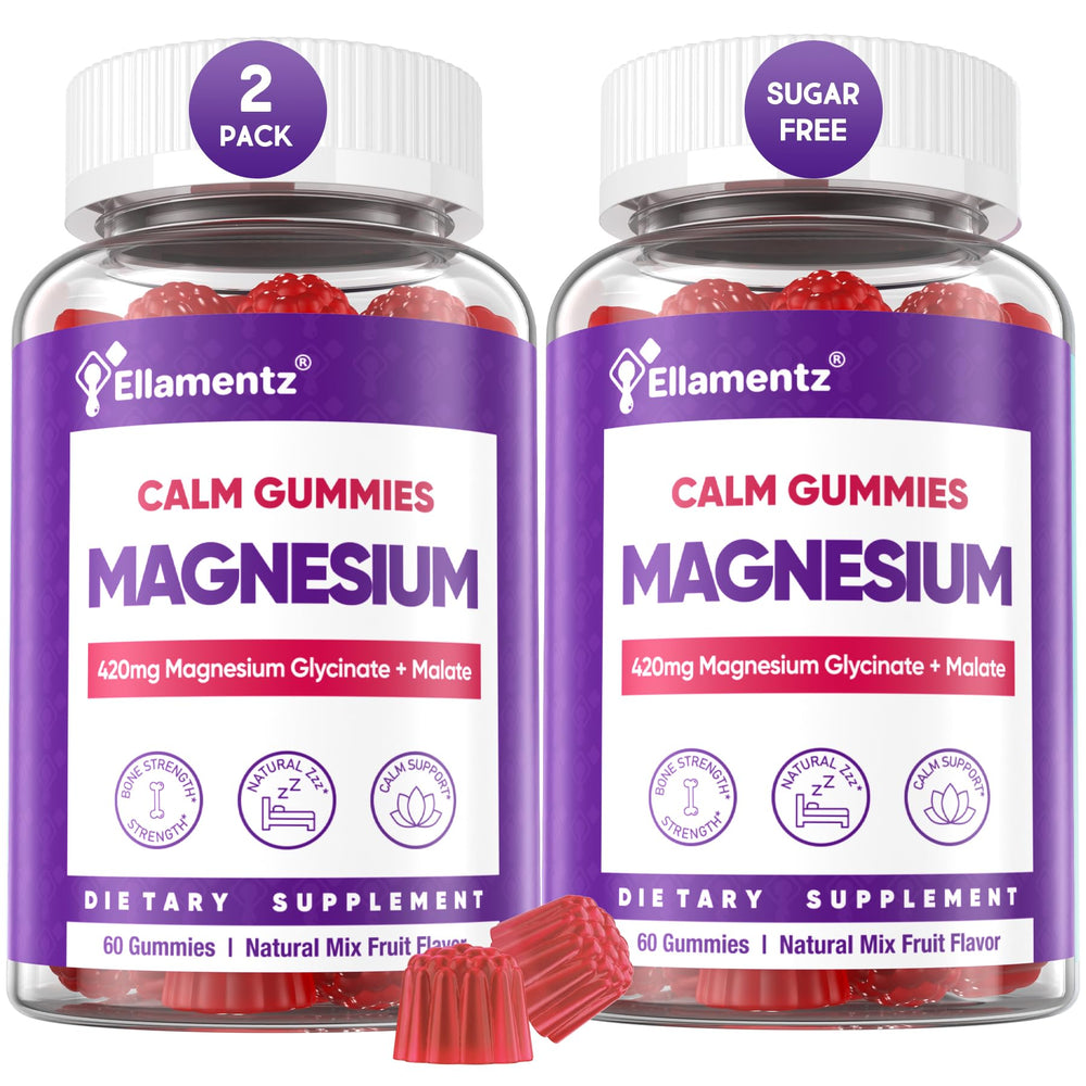 ELLAMENTZ Magnesium Glycinate Gummies bottle closeup highlighting sugar-free vegan wellness.