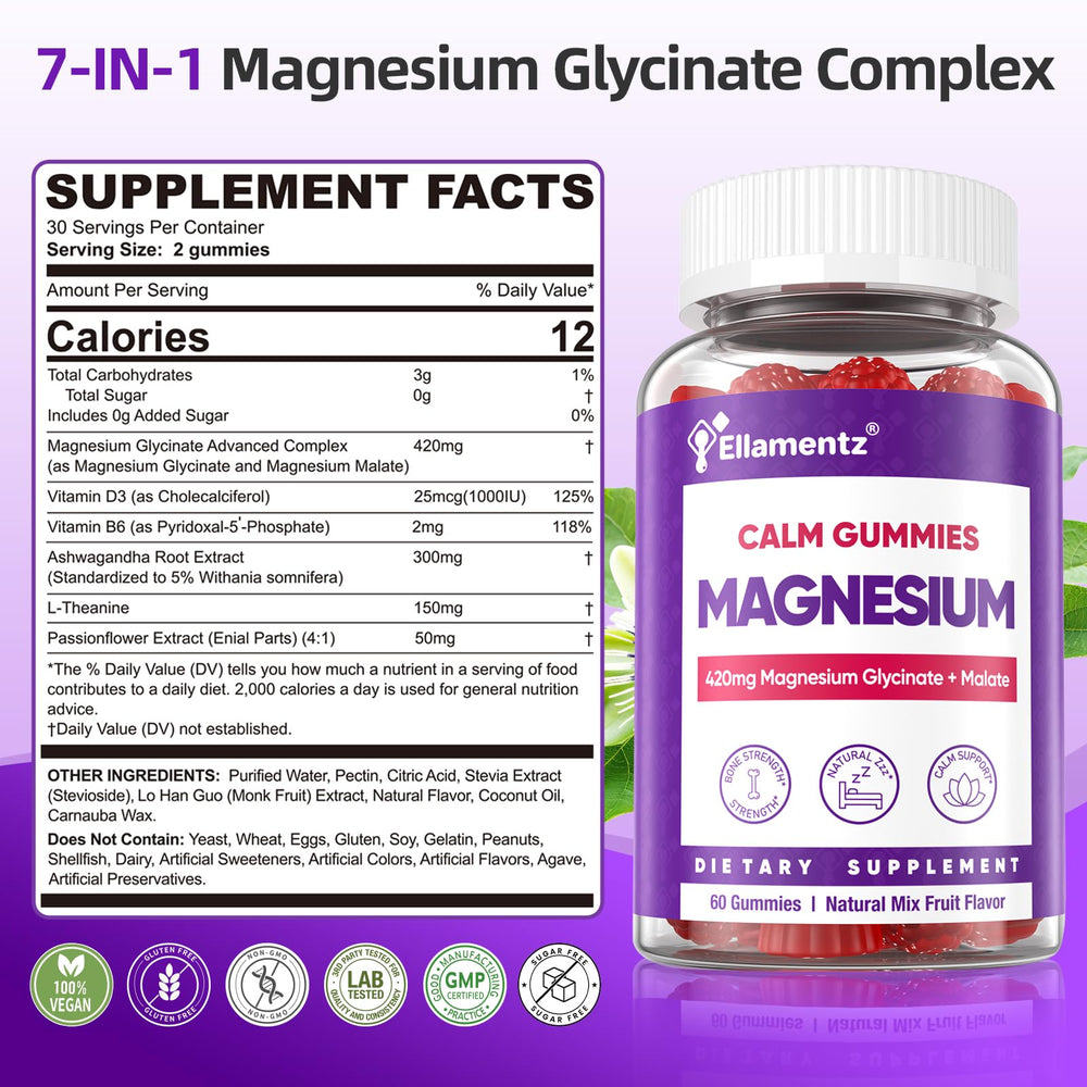 ELLAMENTZ Magnesium Glycinate Gummies dispensed pack for easy daily calming use.