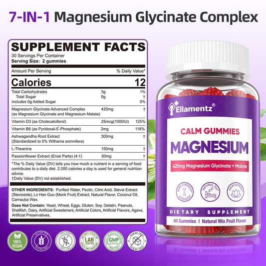ELLAMENTZ Magnesium Glycinate Gummies dispensed pack for easy daily calming use.