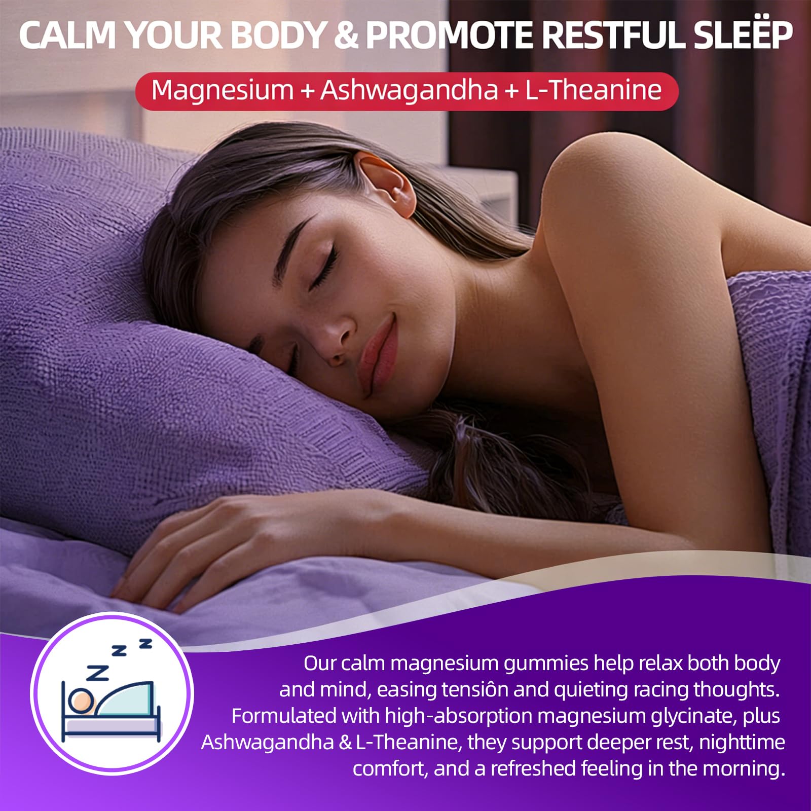 ELLAMENTZ Magnesium Glycinate Gummies night-relaxation scene suggests melatonin-free wind-down.