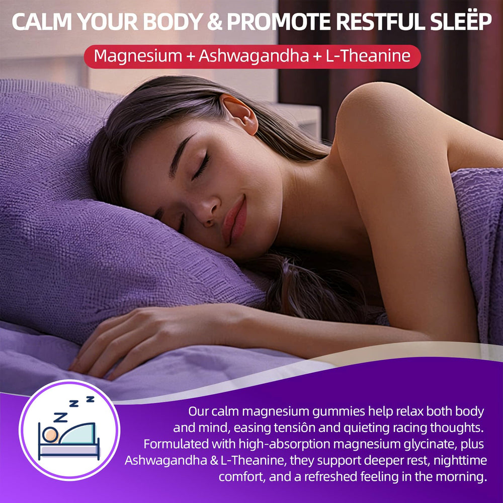 ELLAMENTZ Magnesium Glycinate Gummies night-relaxation scene suggests melatonin-free wind-down.