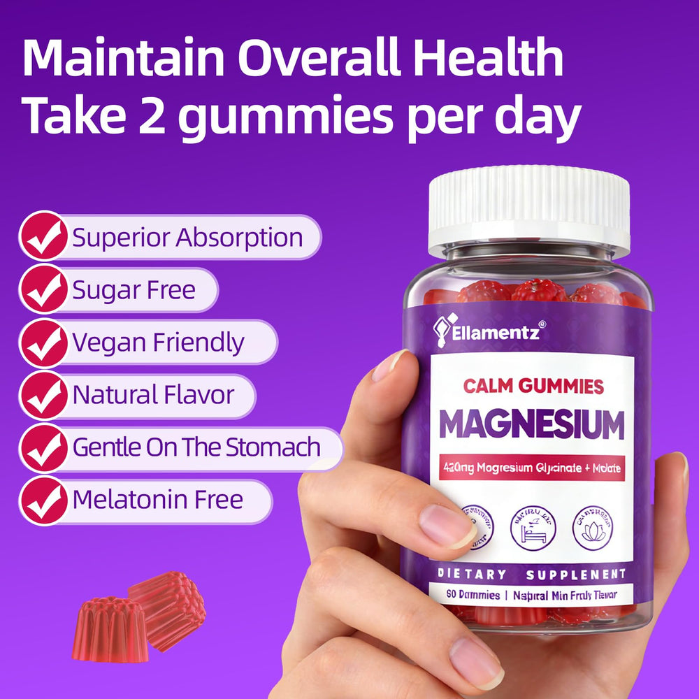ELLAMENTZ Magnesium Glycinate Gummies vegan-sugar-free packaging communicates clean label.