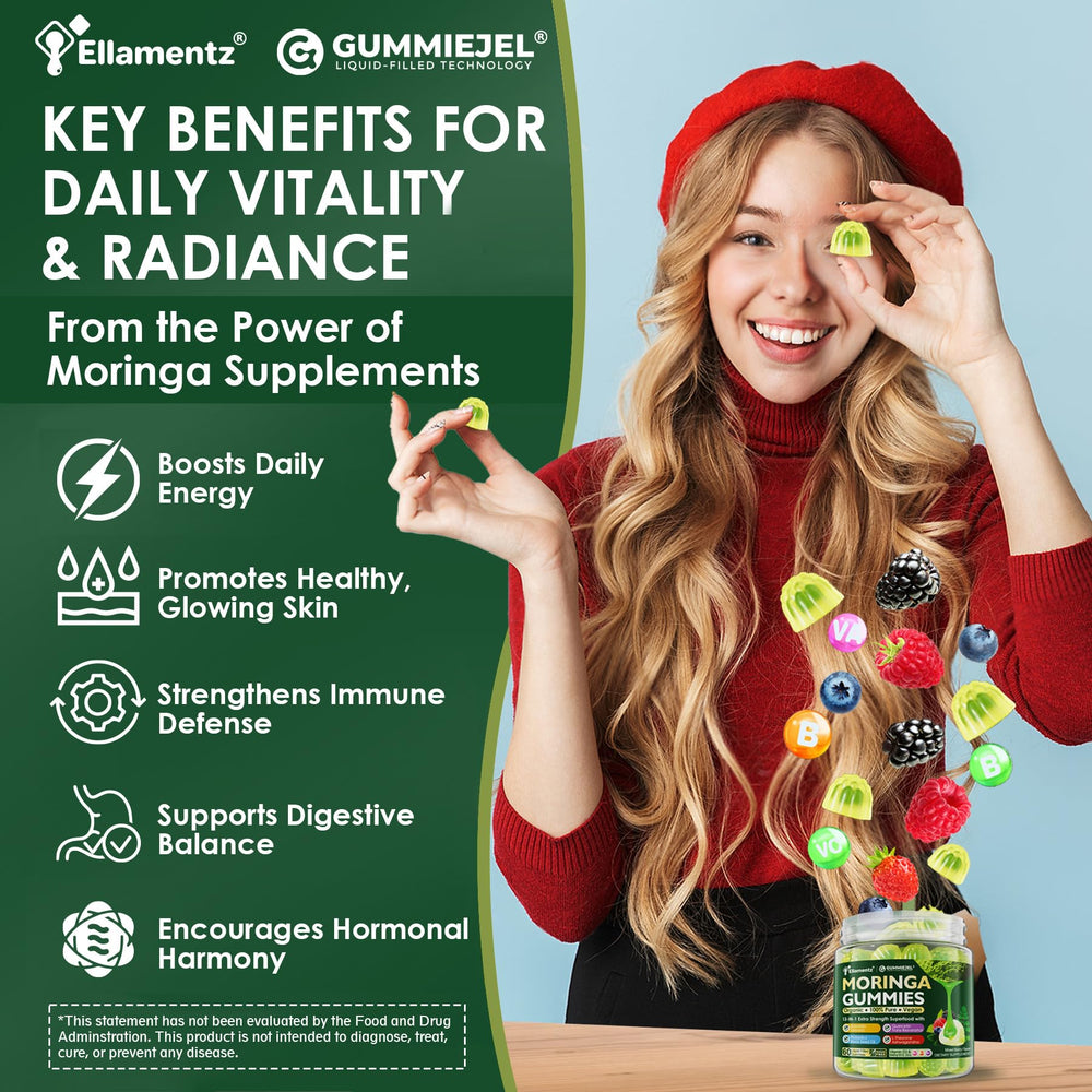 Ellamentz Moringa Gummies liquid-core close-up highlights nutrient protection