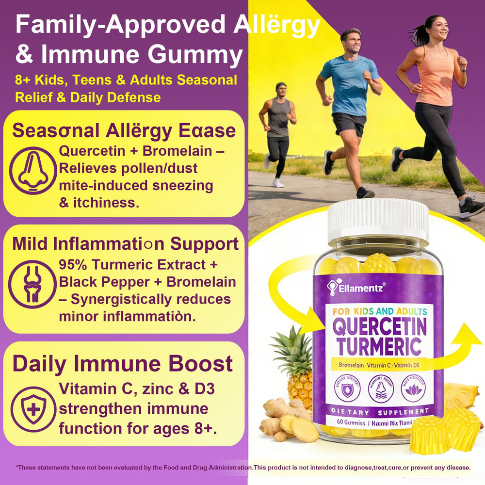 ELLAMENTZ Quercetin Gummies ingredients panel close-up with bromelain and turmeric
