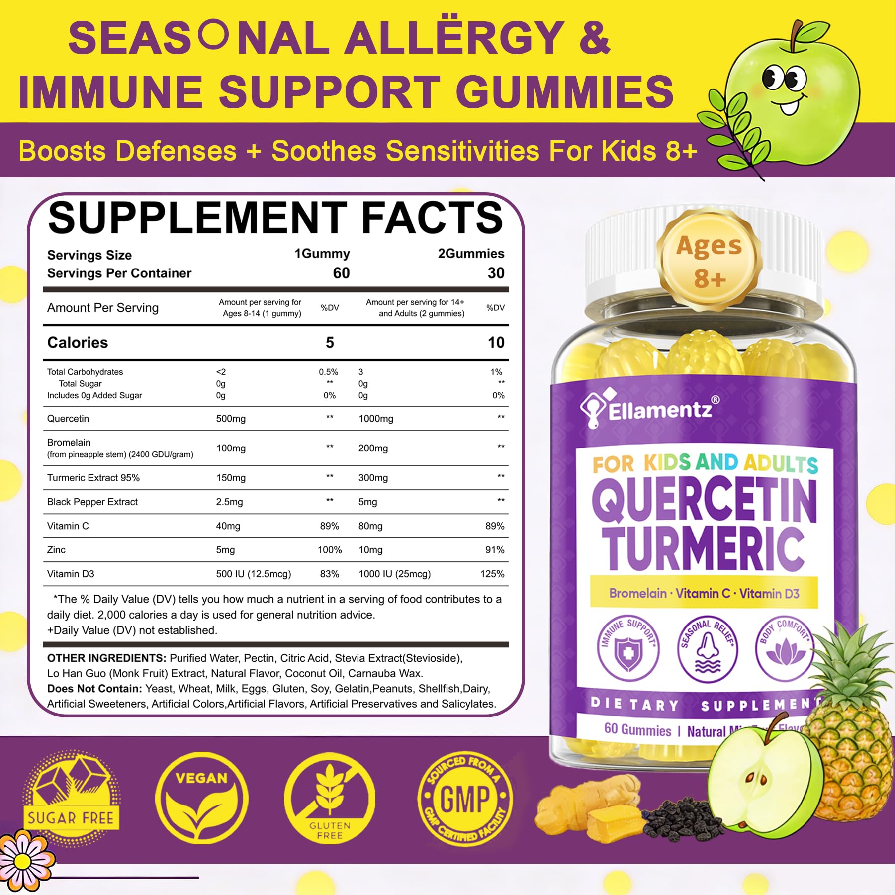 ELLAMENTZ Quercetin Gummies poured to show easy daily use for joint comfort