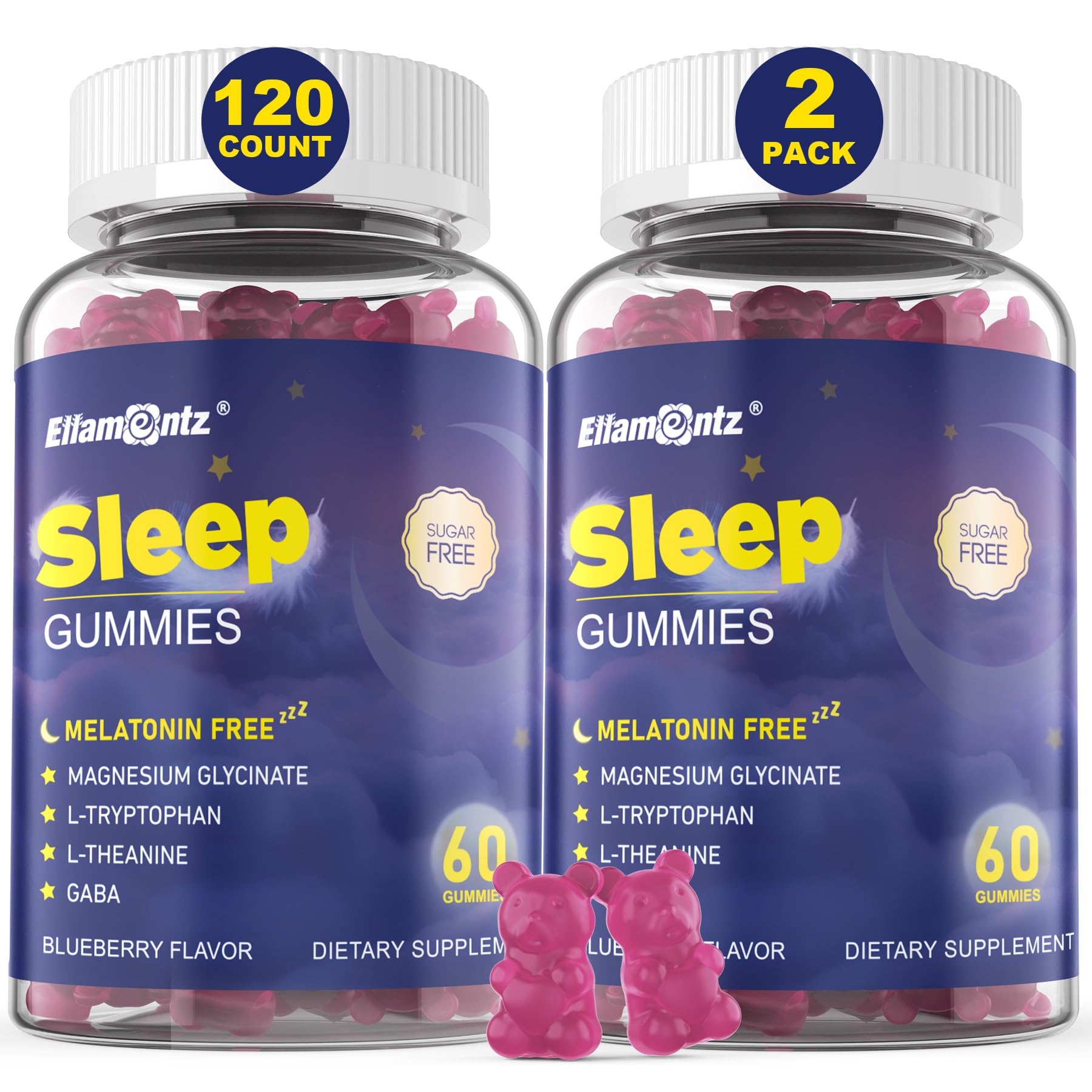 ELLAMENTZ Sleep Gummies blueberry bottle for a calm, sugar-free night.