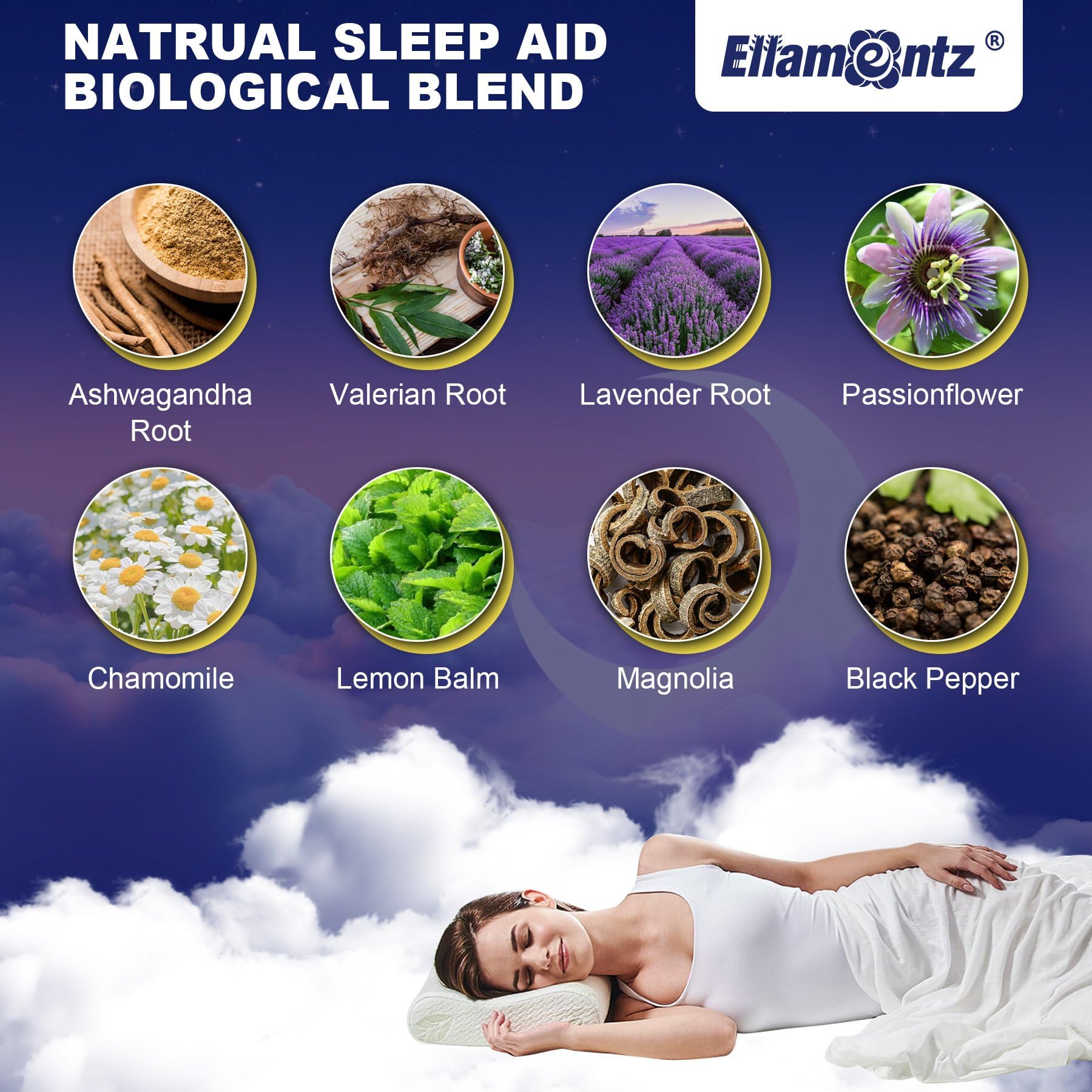 ELLAMENTZ Sleep Gummies bottle pouring, simple nightly dosage before bed.