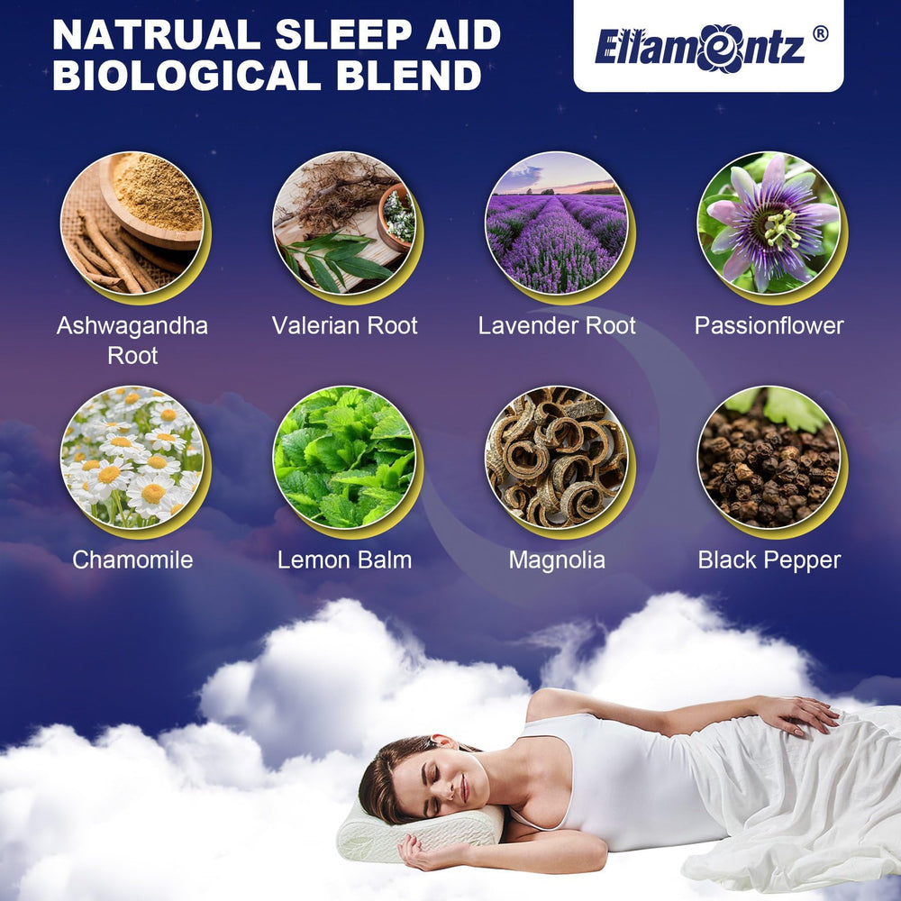 ELLAMENTZ Sleep Gummies bottle pouring, simple nightly dosage before bed.