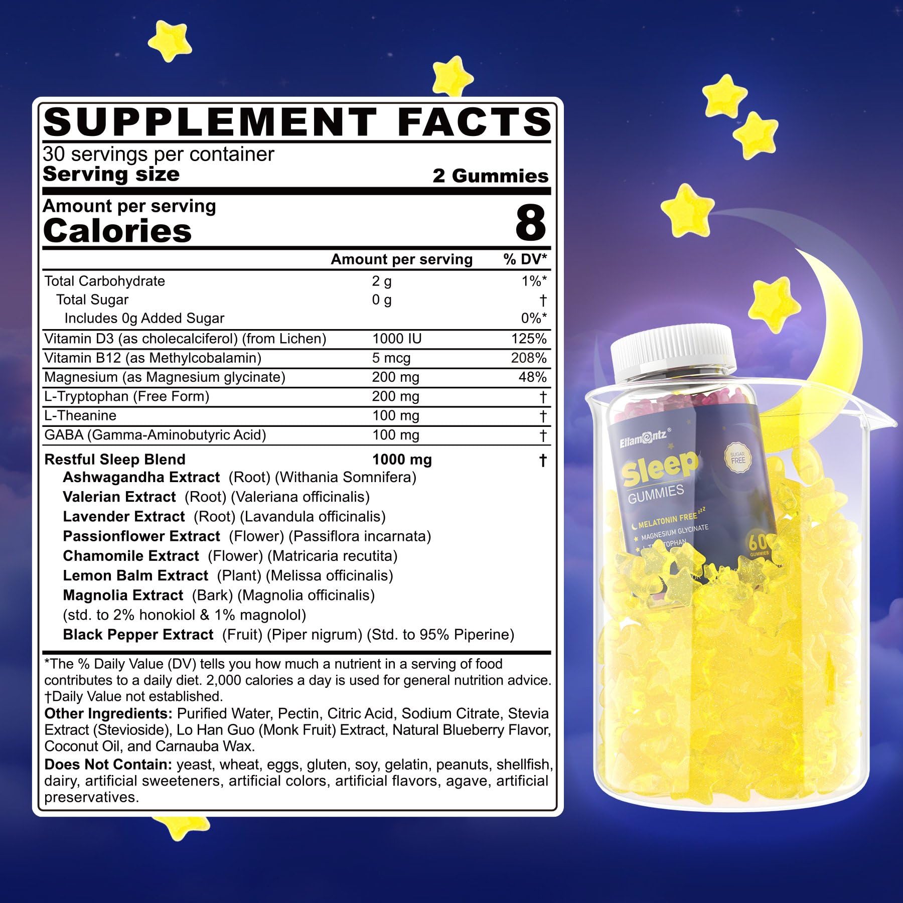 ELLAMENTZ Sleep Gummies closeup gummies, melatonin-free relaxation aid.