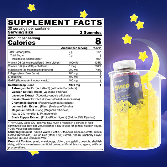 ELLAMENTZ Sleep Gummies closeup gummies, melatonin-free relaxation aid.