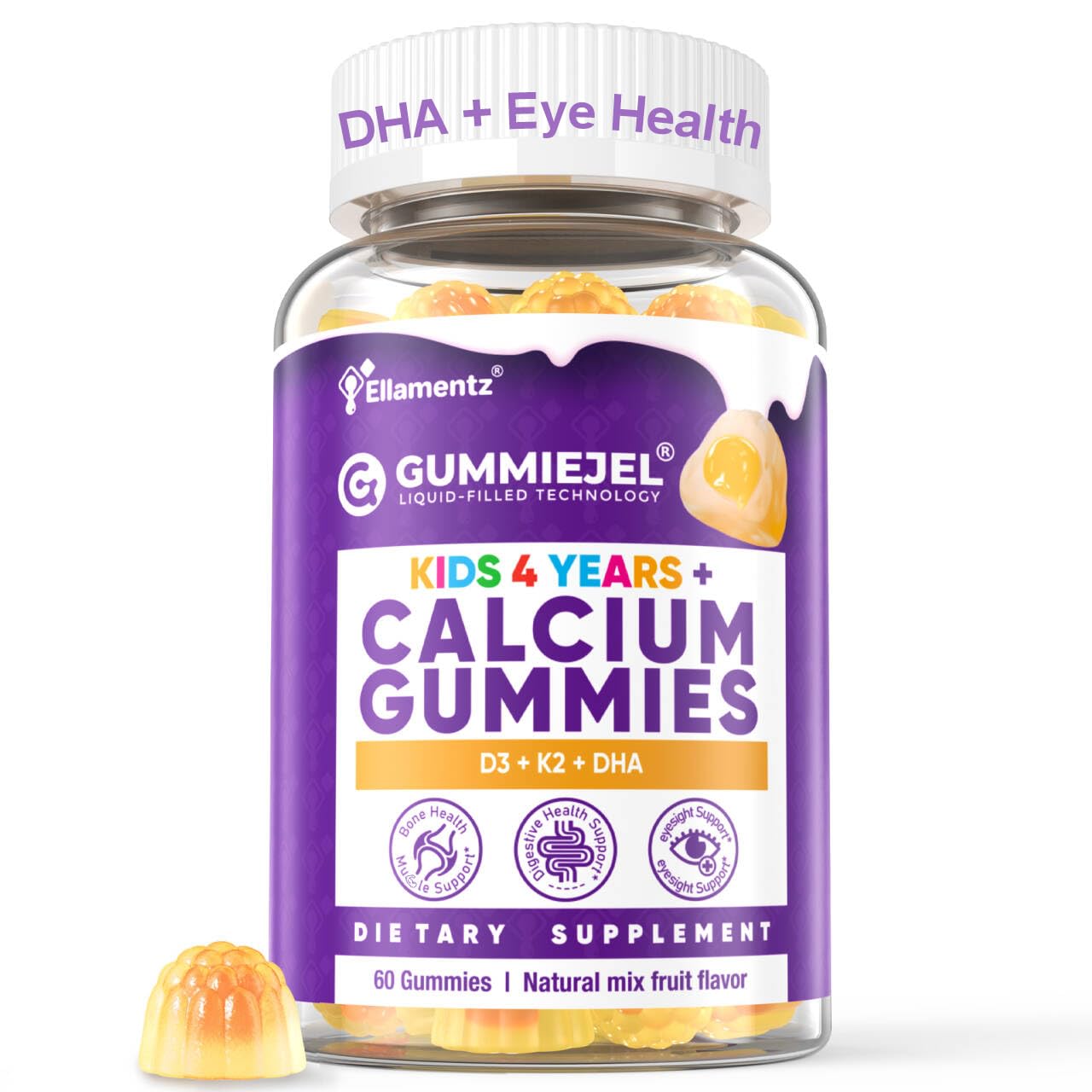 ELLAMENTZ sugar-free kids calcium gummies pack shot highlighting bone support benefits