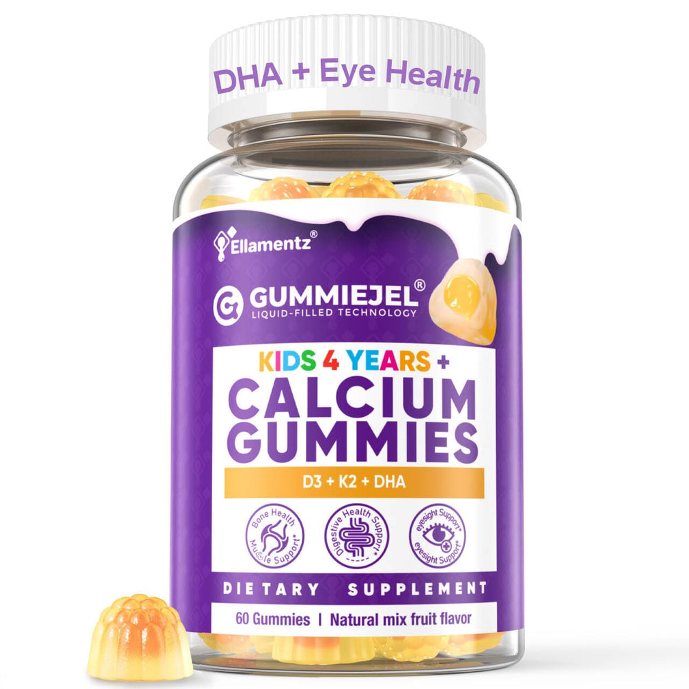 ELLAMENTZ sugar-free kids calcium gummies pack shot highlighting bone support benefits