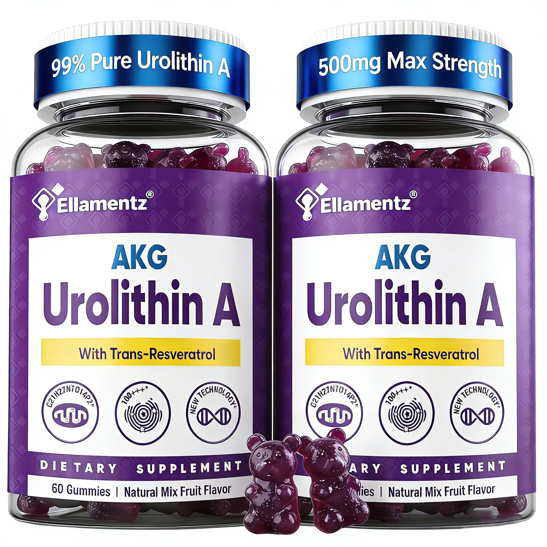 ELLAMENTZ triple-strength Urolithin A bottle supports cellular vitality and antioxidant defense.