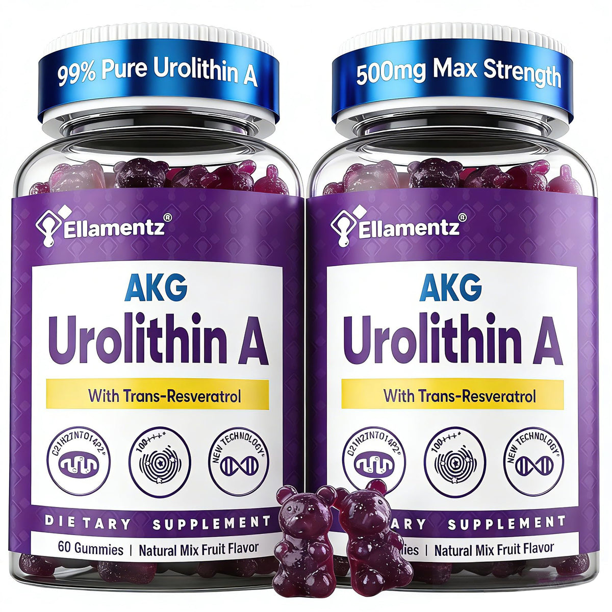 ELLAMENTZ triple-strength Urolithin A bottle supports cellular vitality and antioxidant defense.