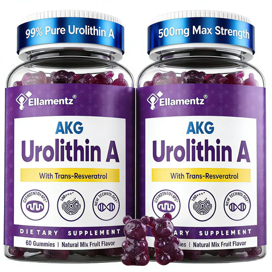 ELLAMENTZ triple-strength Urolithin A bottle supports cellular vitality and antioxidant defense.