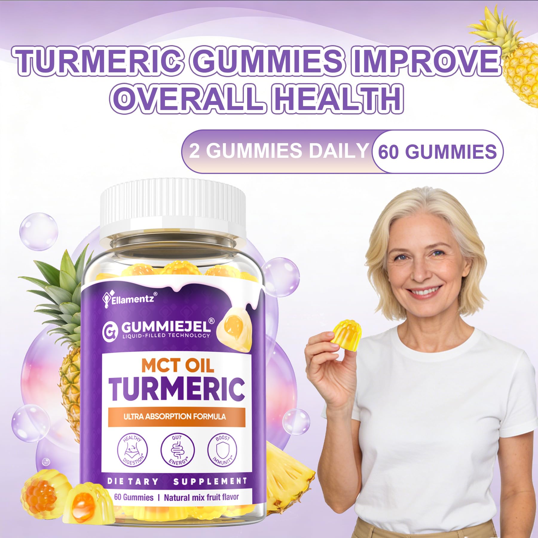 ELLAMENTZ Turmeric Gummies immune-support branding with global vitality cue