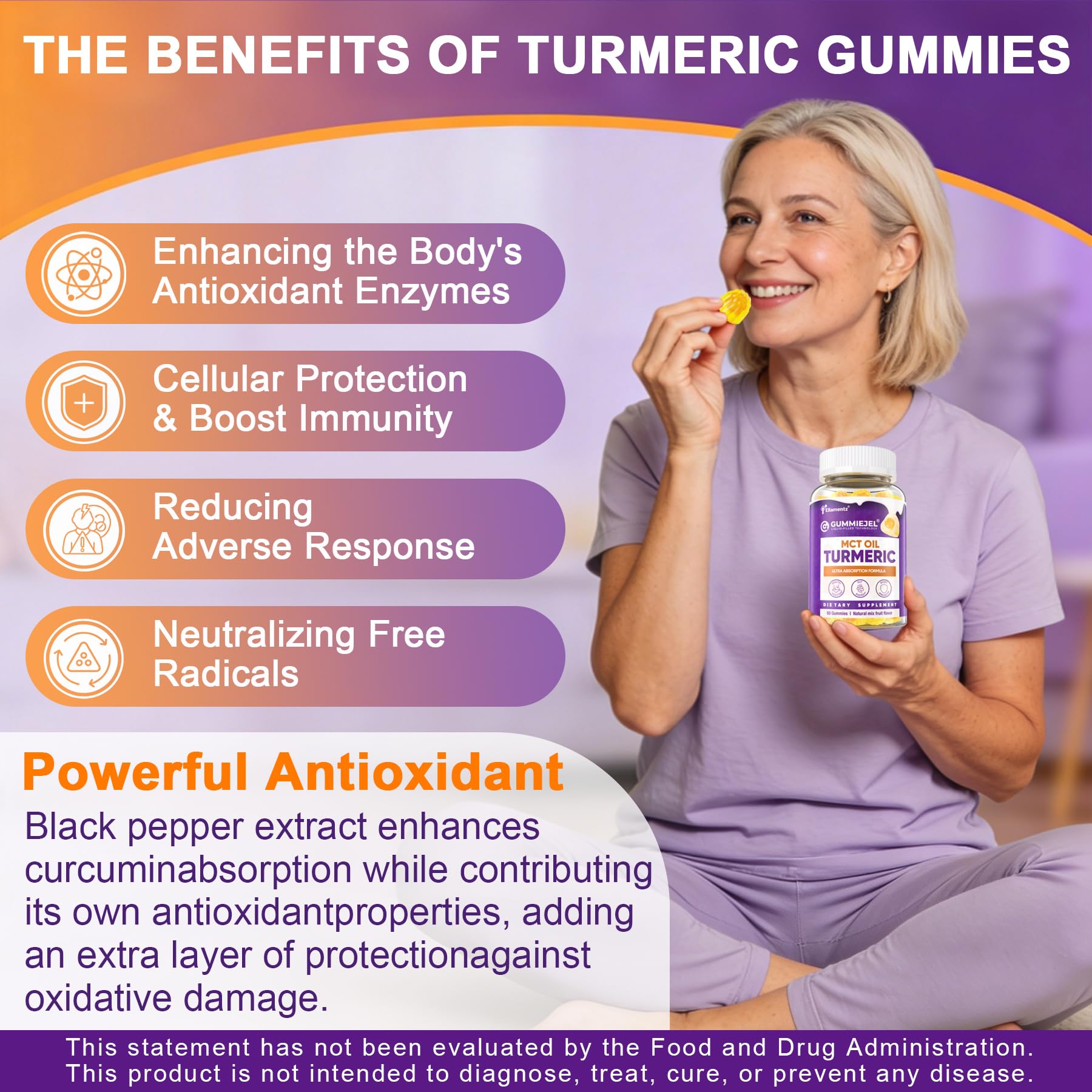 ELLAMENTZ Turmeric Gummies MCT oil drop emphasizing enhanced absorption
