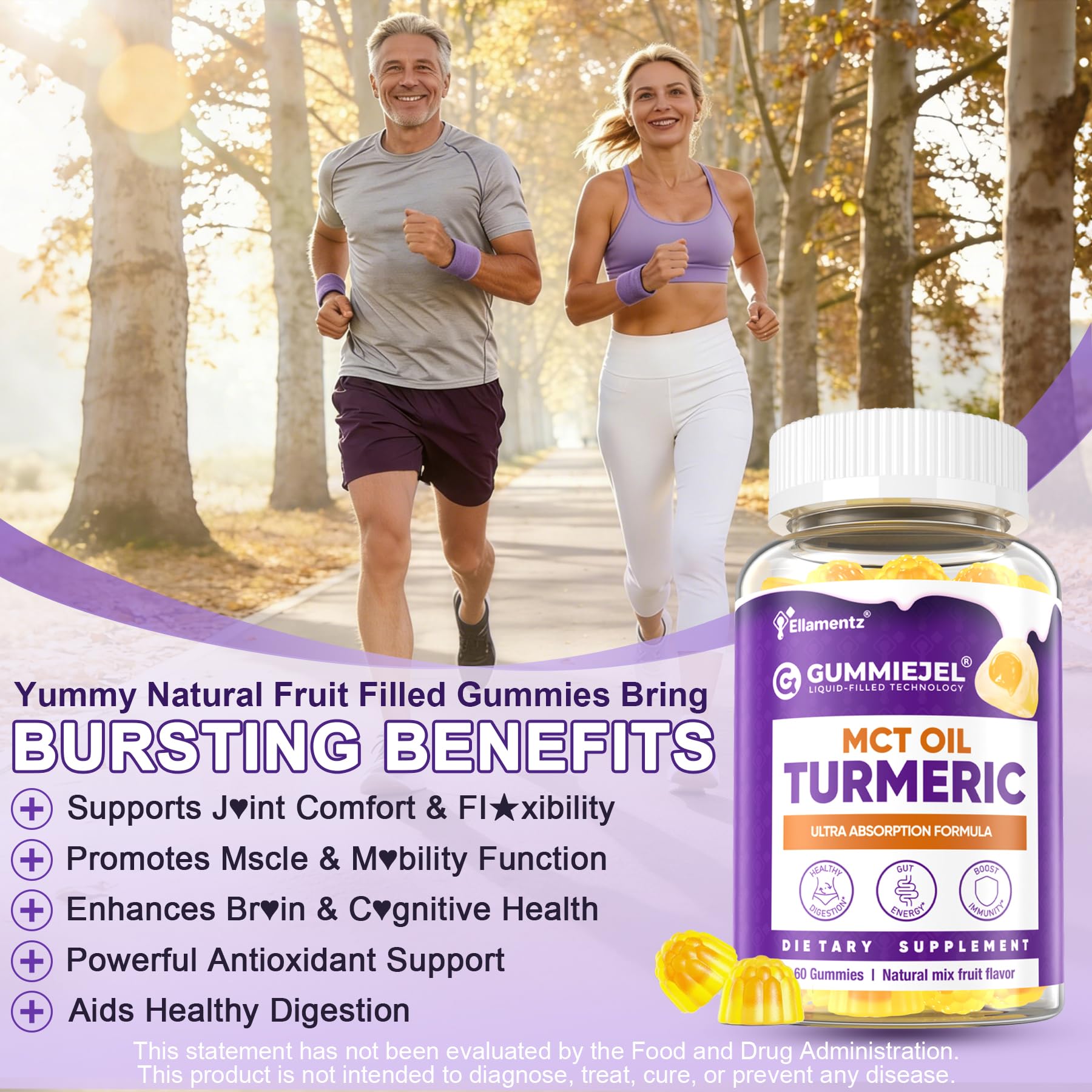 ELLAMENTZ Turmeric Gummies sugar-free label highlighting clean vegan nutrition