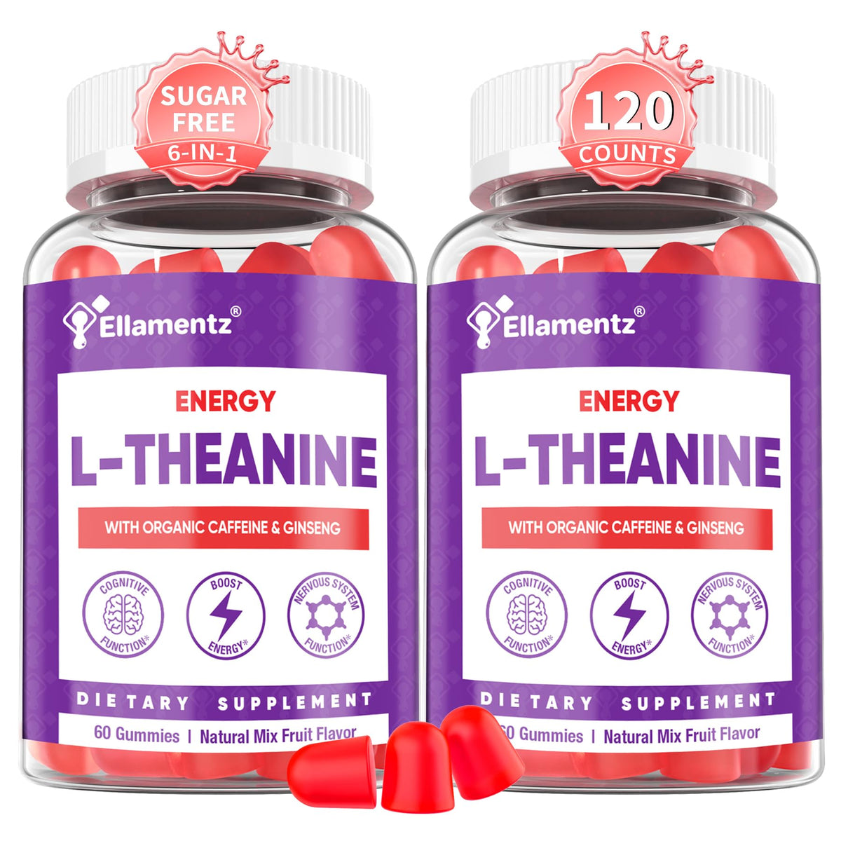 ELLAMENTZ Vegan L-Theanine Gummies front label highlights sugar-free caffeine blend for clean focus.