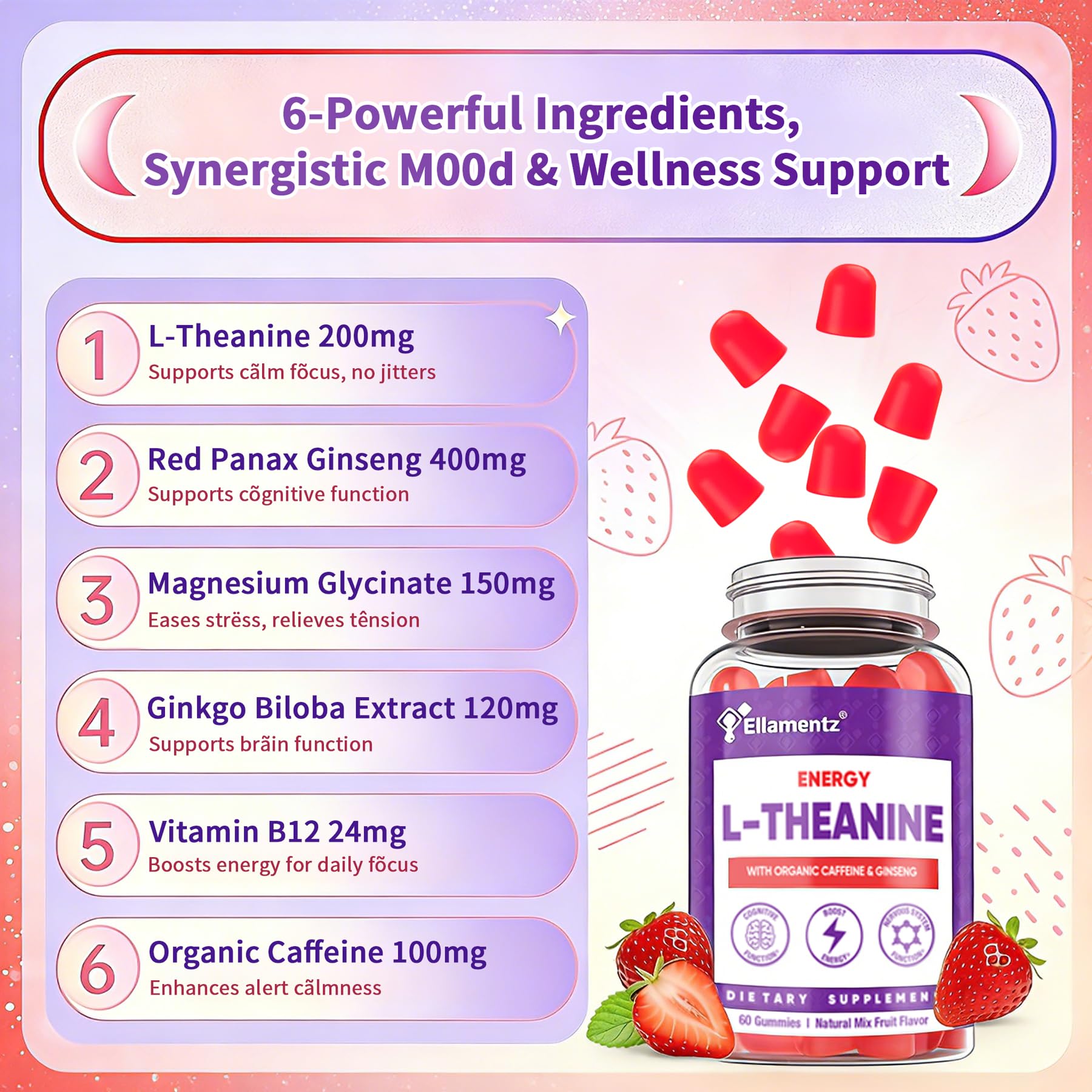 ELLAMENTZ Vegan L-Theanine Gummies sugar-free claim emphasized for daily focus.