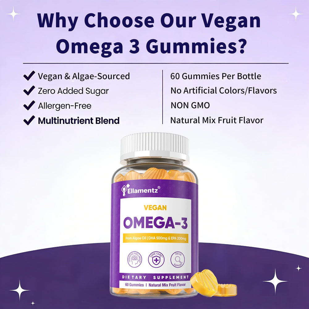 ELLAMENTZ Vegan Omega-3 Gummies 120-count bottle on desk for daily routine.