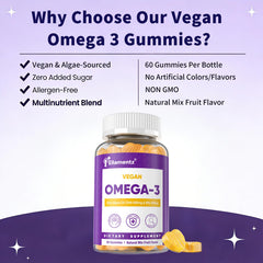 ELLAMENTZ Vegan Omega-3 Gummies 120-count bottle on desk for daily routine.