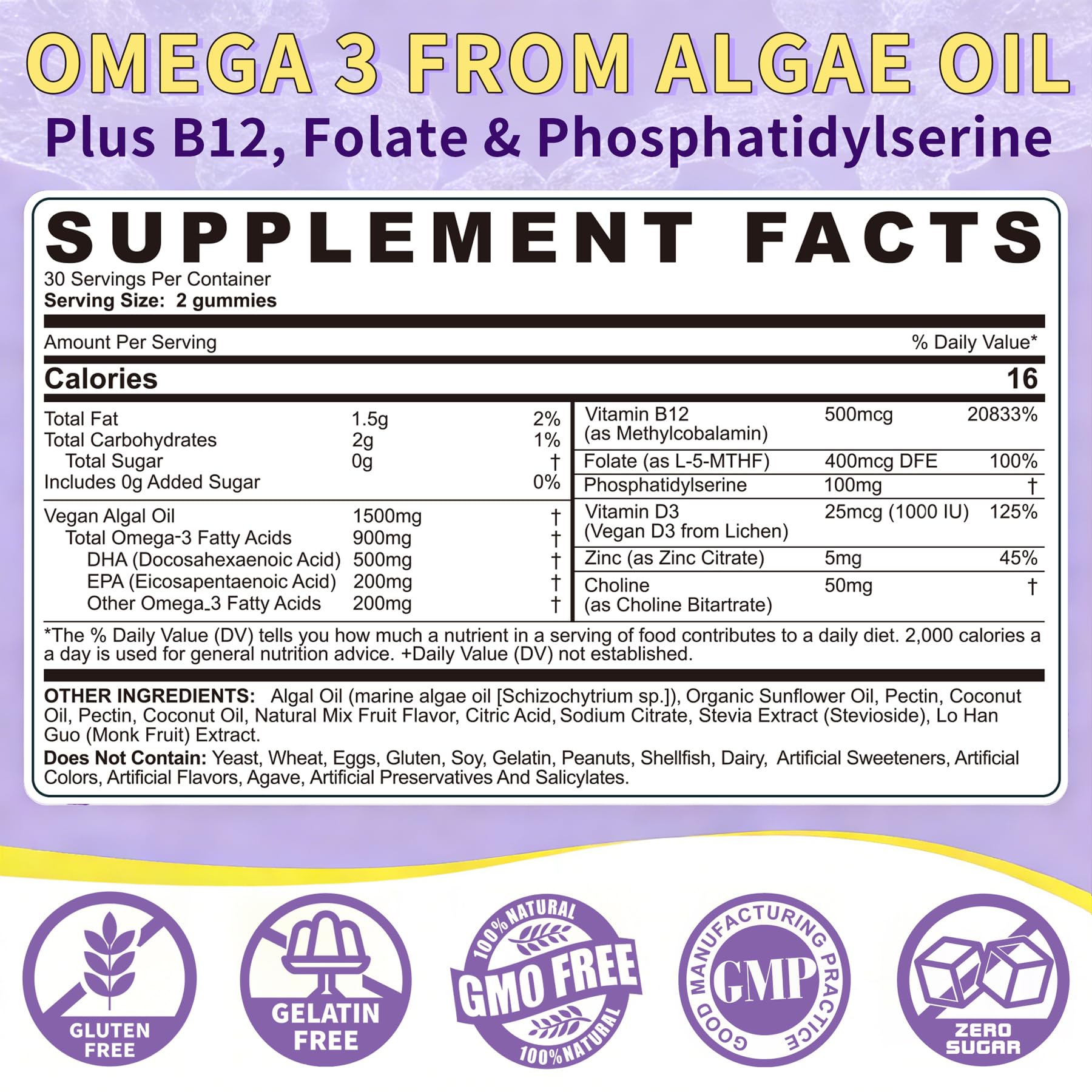 ELLAMENTZ Vegan Omega-3 Gummies back panel shows B12 and D3 for energy metabolism.