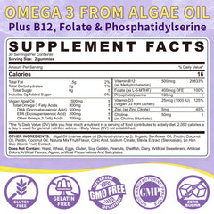 ELLAMENTZ Vegan Omega-3 Gummies back panel shows B12 and D3 for energy metabolism.