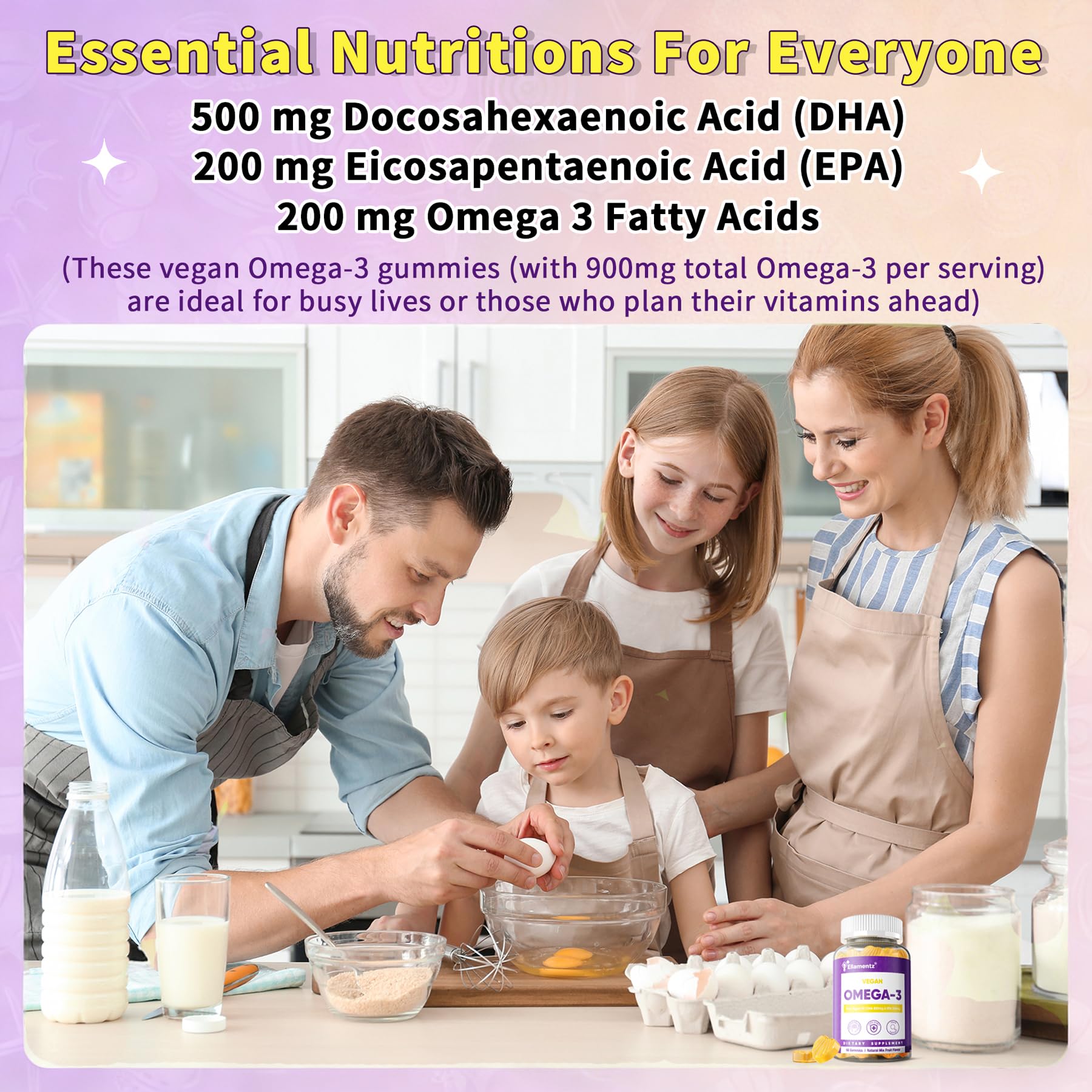 ELLAMENTZ Vegan Omega-3 Gummies bottle with spoon and monk fruit sweetness.