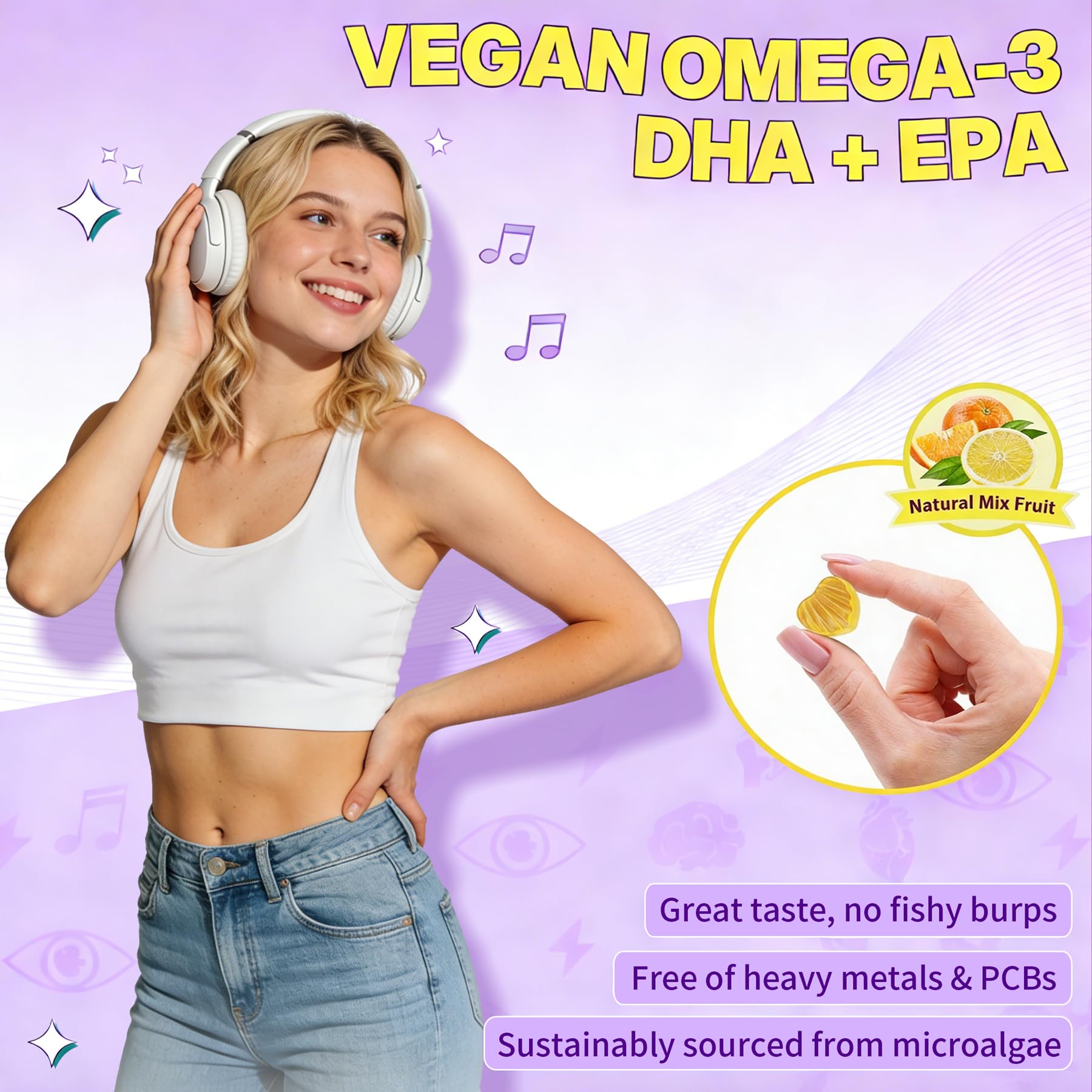 ELLAMENTZ Vegan Omega-3 Gummies packaging emphasizes sugar-free, allergen-free formula.