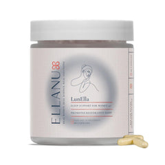 ELLANU LunElla bottle close-up showcasing a calming evening supplement for better rest.