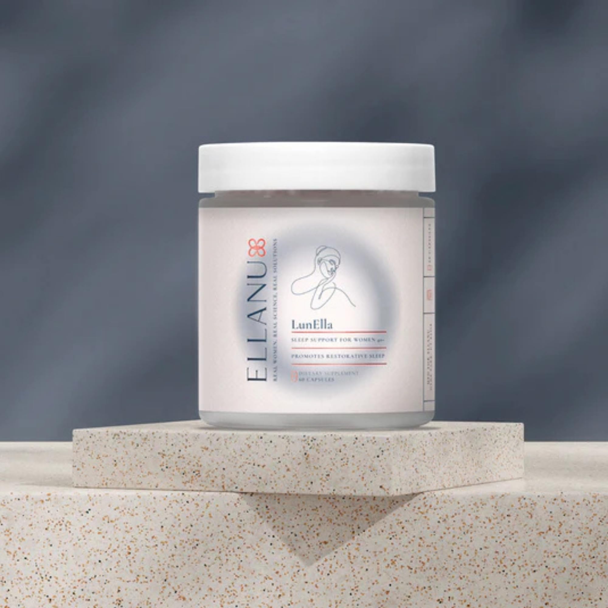 ELLANU LunElla capsules close-up highlighting non-habit forming sleep support for women 40+.