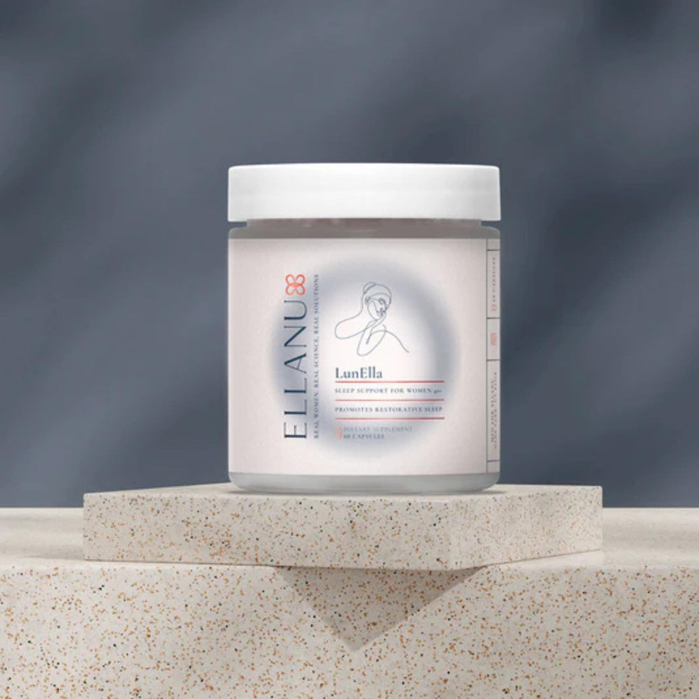 ELLANU LunElla capsules close-up highlighting non-habit forming sleep support for women 40+.