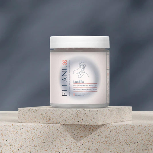 ELLANU LunElla capsules close-up highlighting non-habit forming sleep support for women 40+.