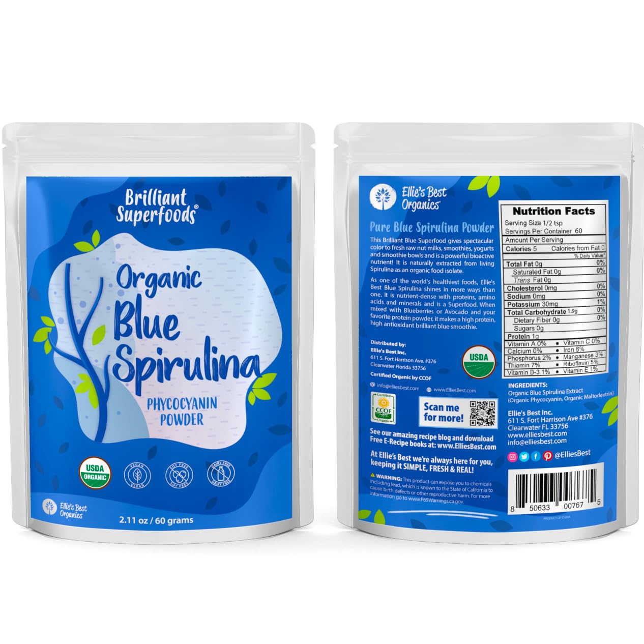 Ellie's Best blue spirulina dissolving in water creates a bright drink.