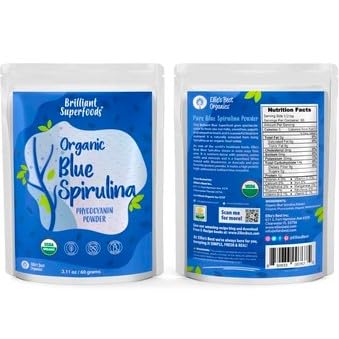 Ellie\'s Best blue spirulina powder bowl and smoothie reveal vibrant indigo color for drinks.