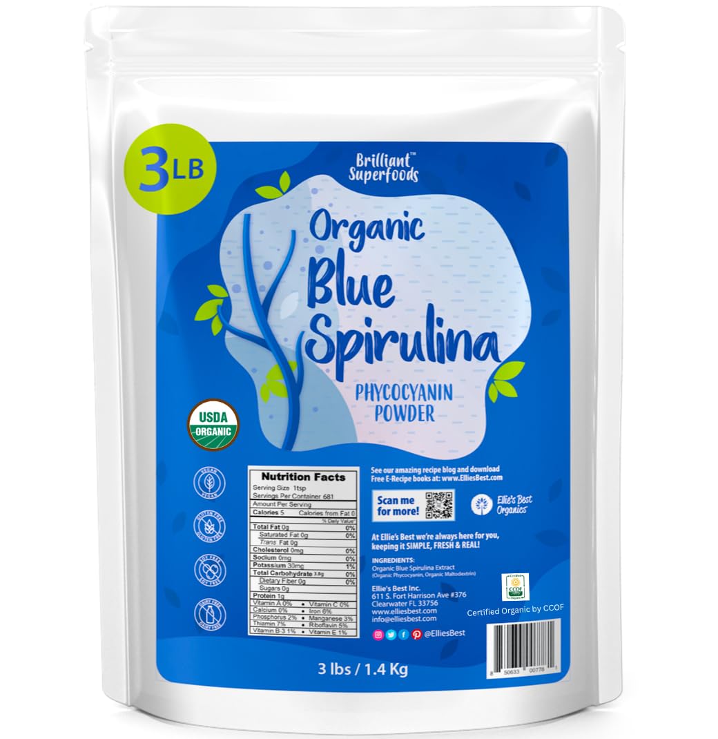 Ellie's Best blue spirulina powder shown in a colorful bowl.