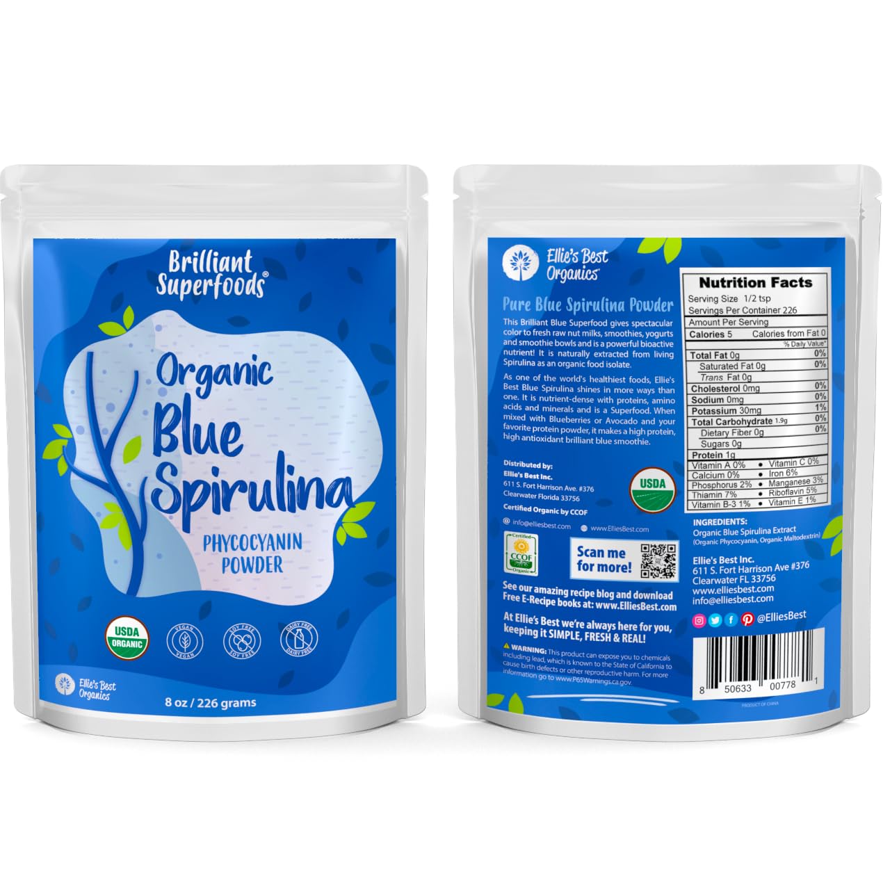 Scoop of Ellie's Best spirulina powder for precise portions in shakes