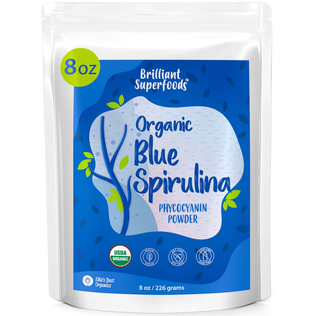 Ellie's Best Organic Blue Spirulina Powder odorless bottle showing 8oz size for easy mixing