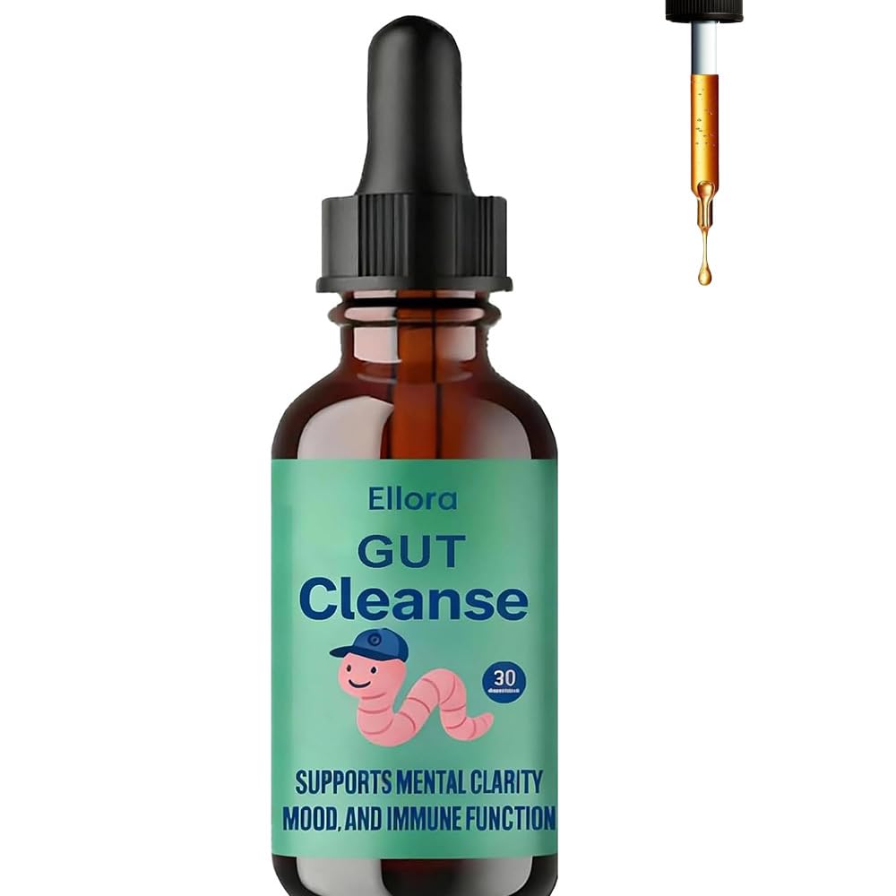 ELLORA Gut Cleanse Drops bottle shows vegan, non-GMO formula for daily support.
