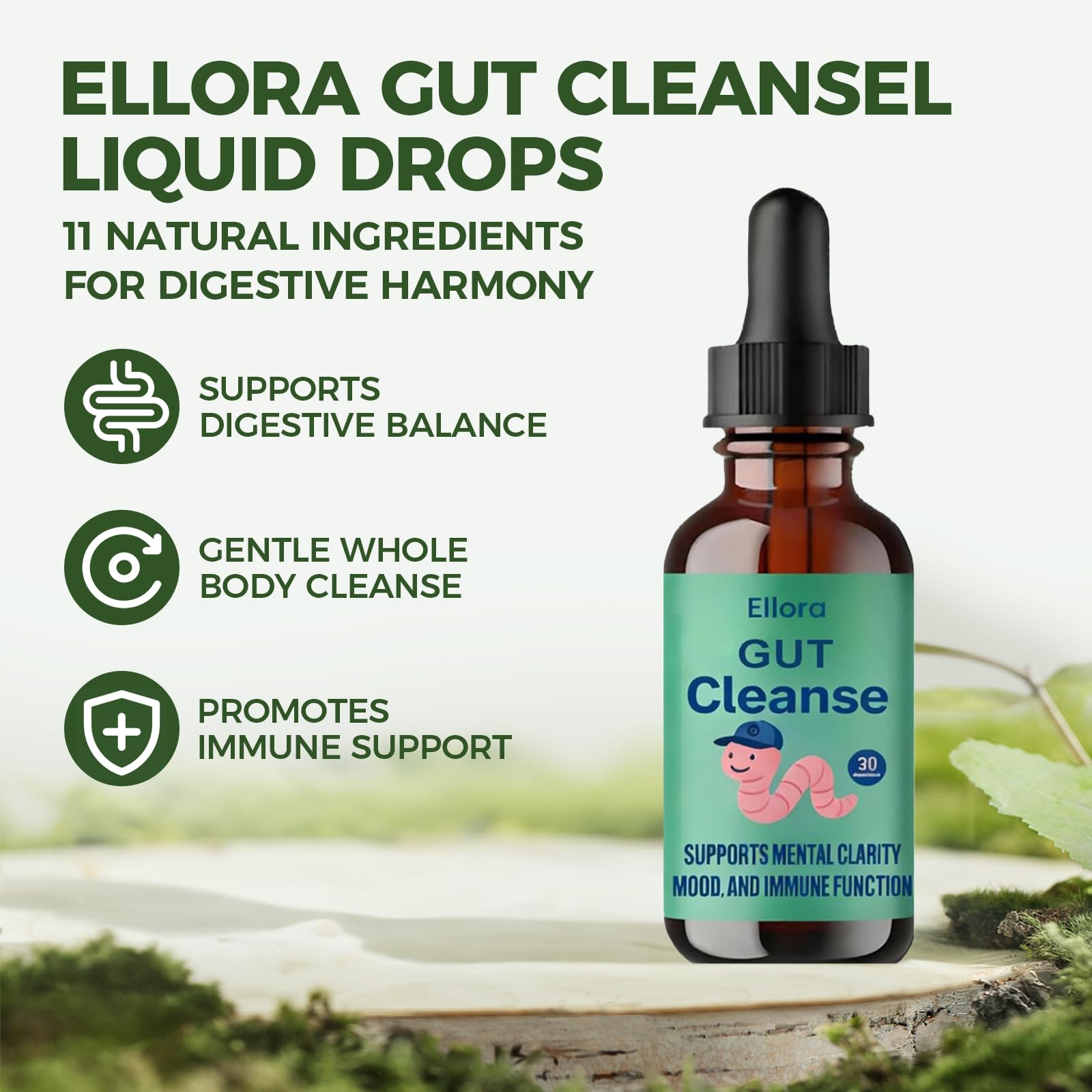 ELLORA Gut Cleanse Drops being poured for easy dosing into water.
